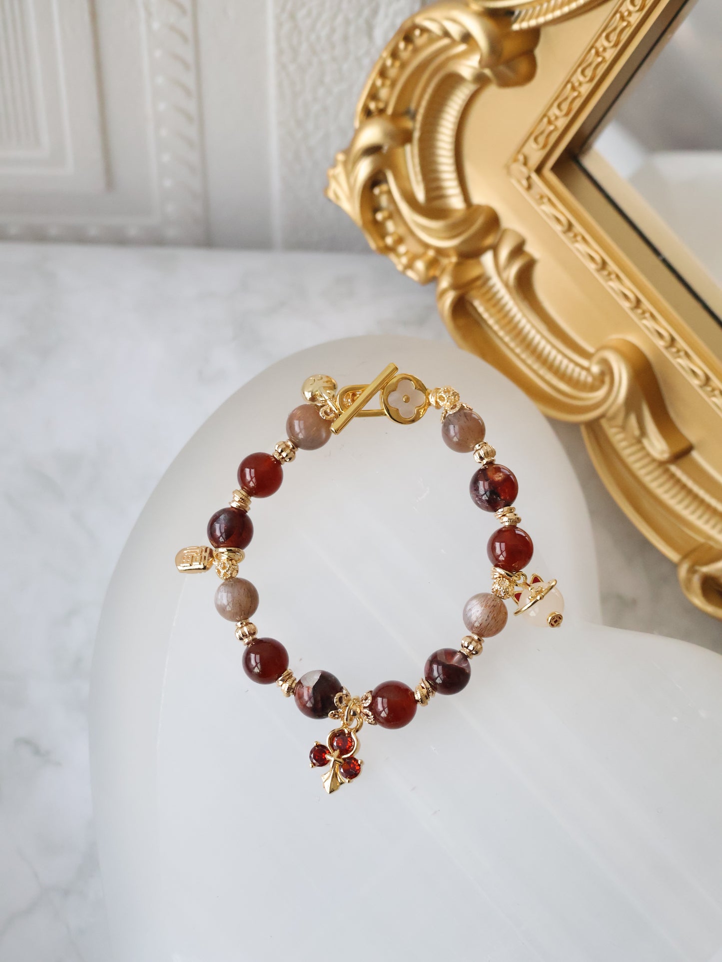 Fire Quartz, Garnet & Black Gold Skeletal Sunstone with Lucky Cat, Red Clover & Fu Charm — Crimson Blessing | 8mm (Elastic, OT Clasp)