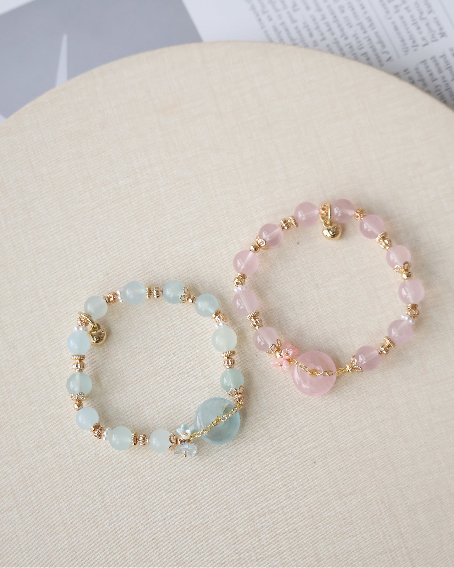 Aquamarine & Rose Quartz Ping An Kou with Bouquet โ Erilyn & Annelina | 8mm (Elastic)