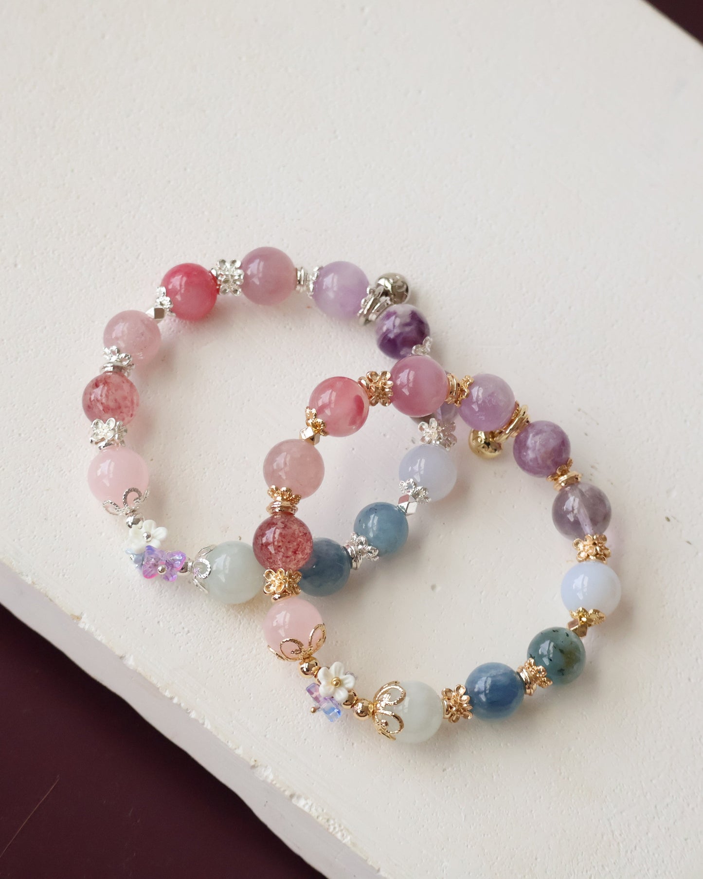 Rose Quartz, Strawberry Quartz, Pink Purple Emerald Mica, Lavender Rose Quartz, Amethyst, Purple Emerald Mica, Kunzite, Blue Chalcedony, Devil Blue Aquamarine, Blue Kyanite & Milky Aquamarine — Duobao (Multi Gems) with Bouquet | 10mm (Elastic)