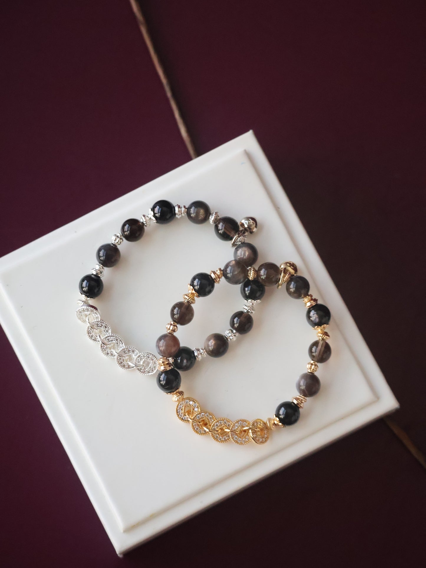 Hypersthene, Smoky Quartz & Black Skeletal Sunstone Crystal Bracelet — Fengshui Coins Vincere | 8mm (Elastic)