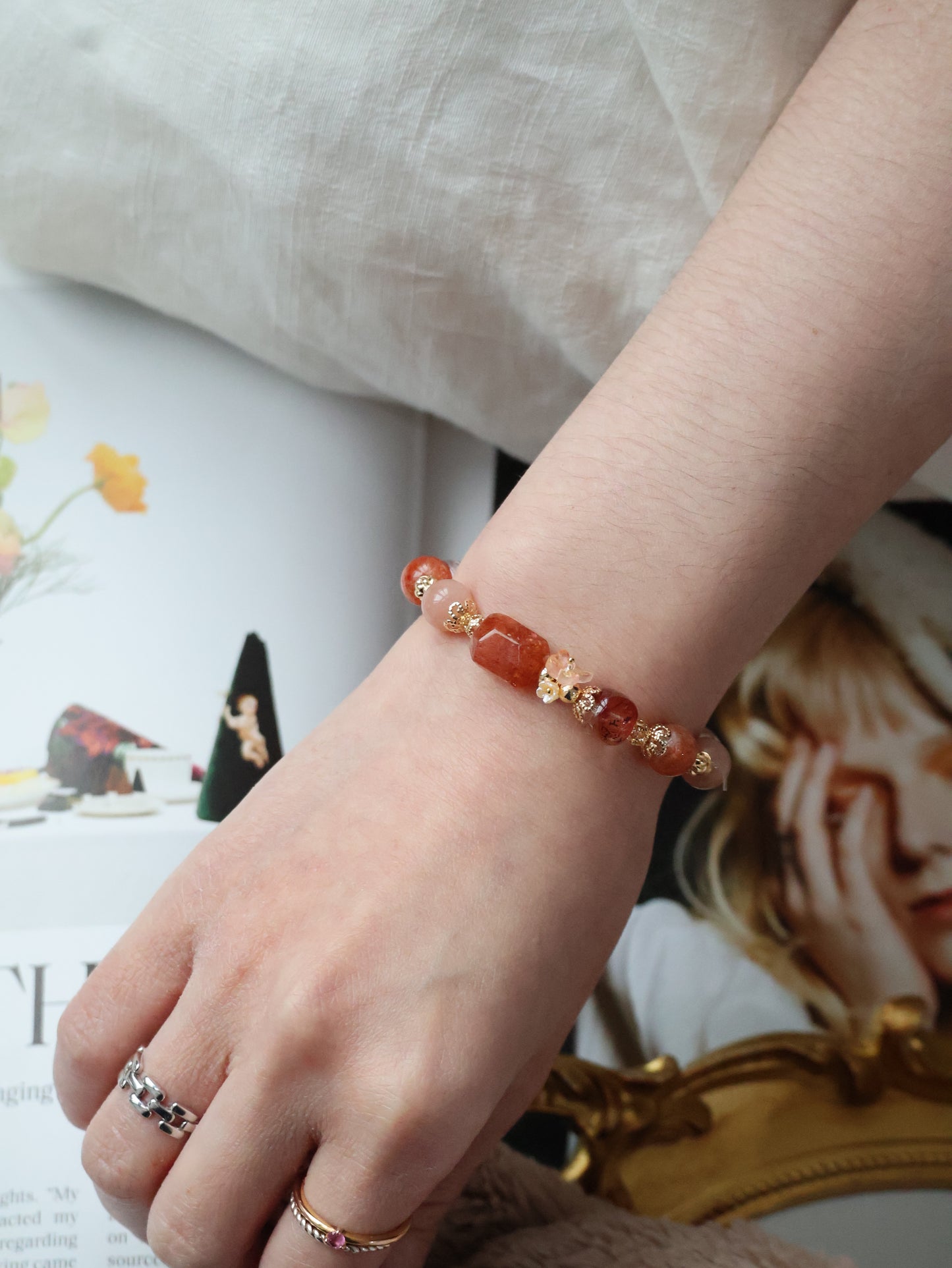Sunstone, Fire Quartz & Peach Moonstone Crystal Bracelet — Apricot | 8mm (Elastic)