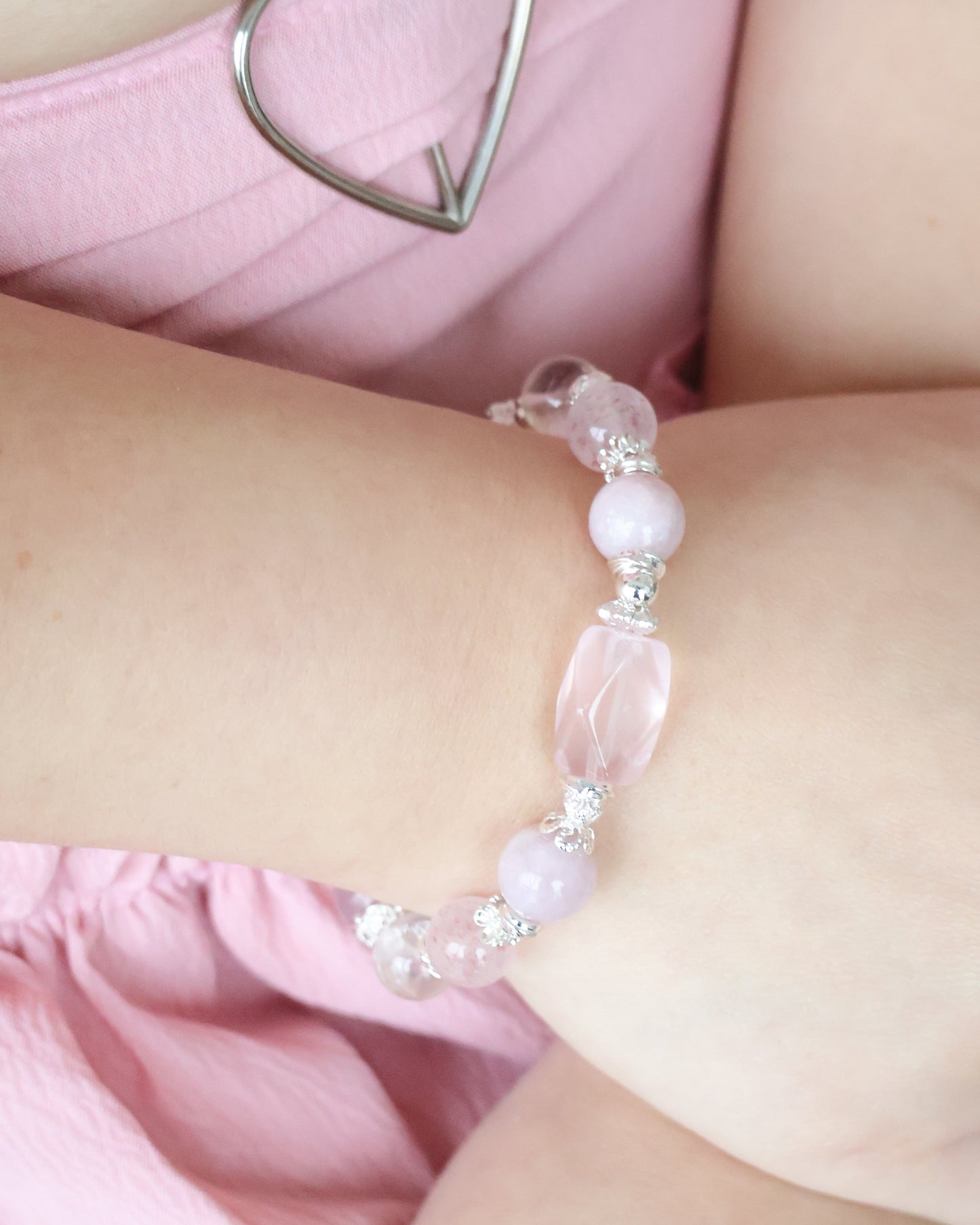 Pink Purple Emerald Mica, Strawberry Quartz & Rose Quartz Crystal Bracelet with Freeform — Ophelia | 10mm (Elastic)