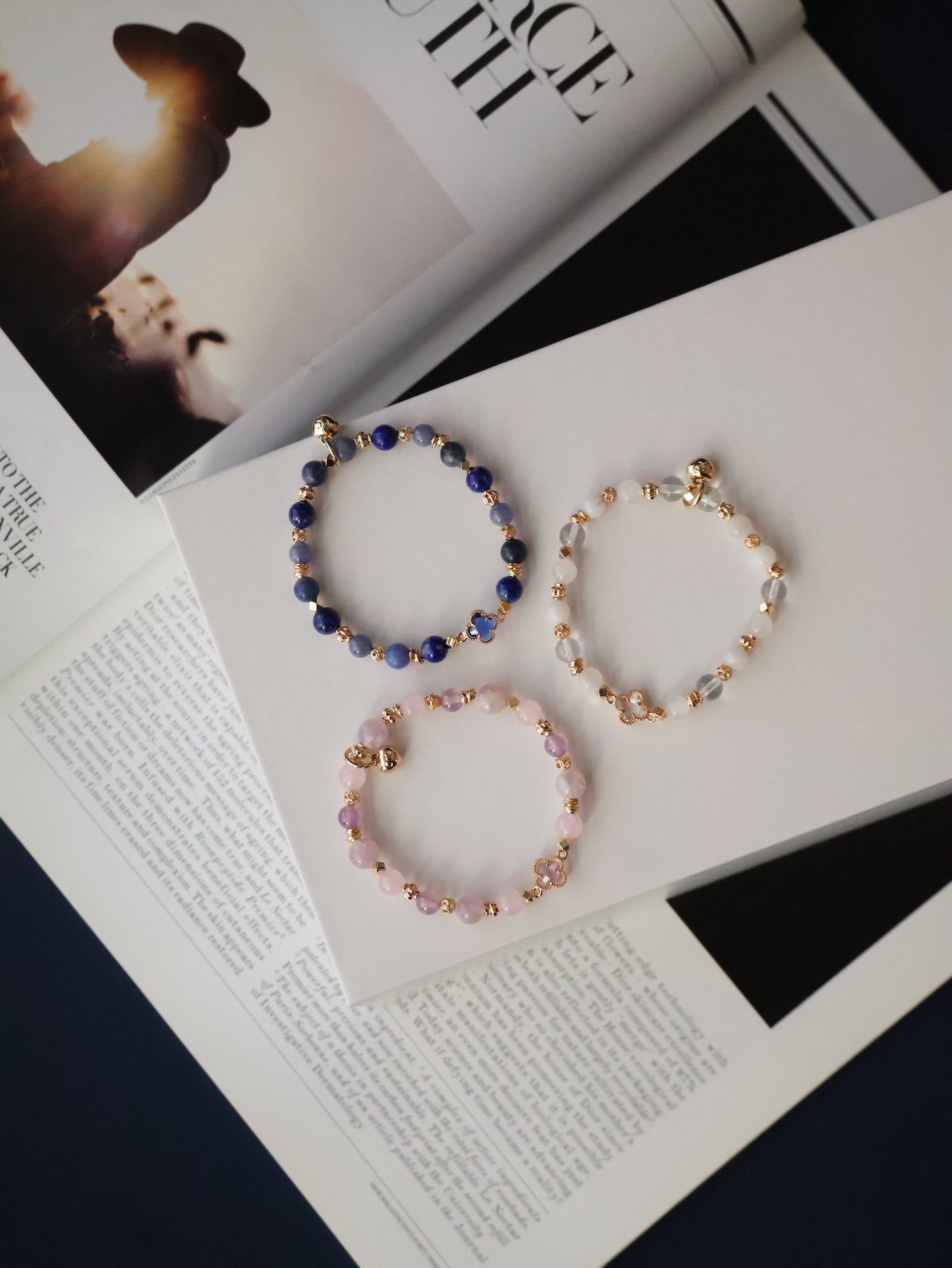 Lapis Lazuli, Rose Quartz & Moonstone Stackers Crystal Bracelet — Clover Alchemy Series 2.0 | 6mm (Elastic)