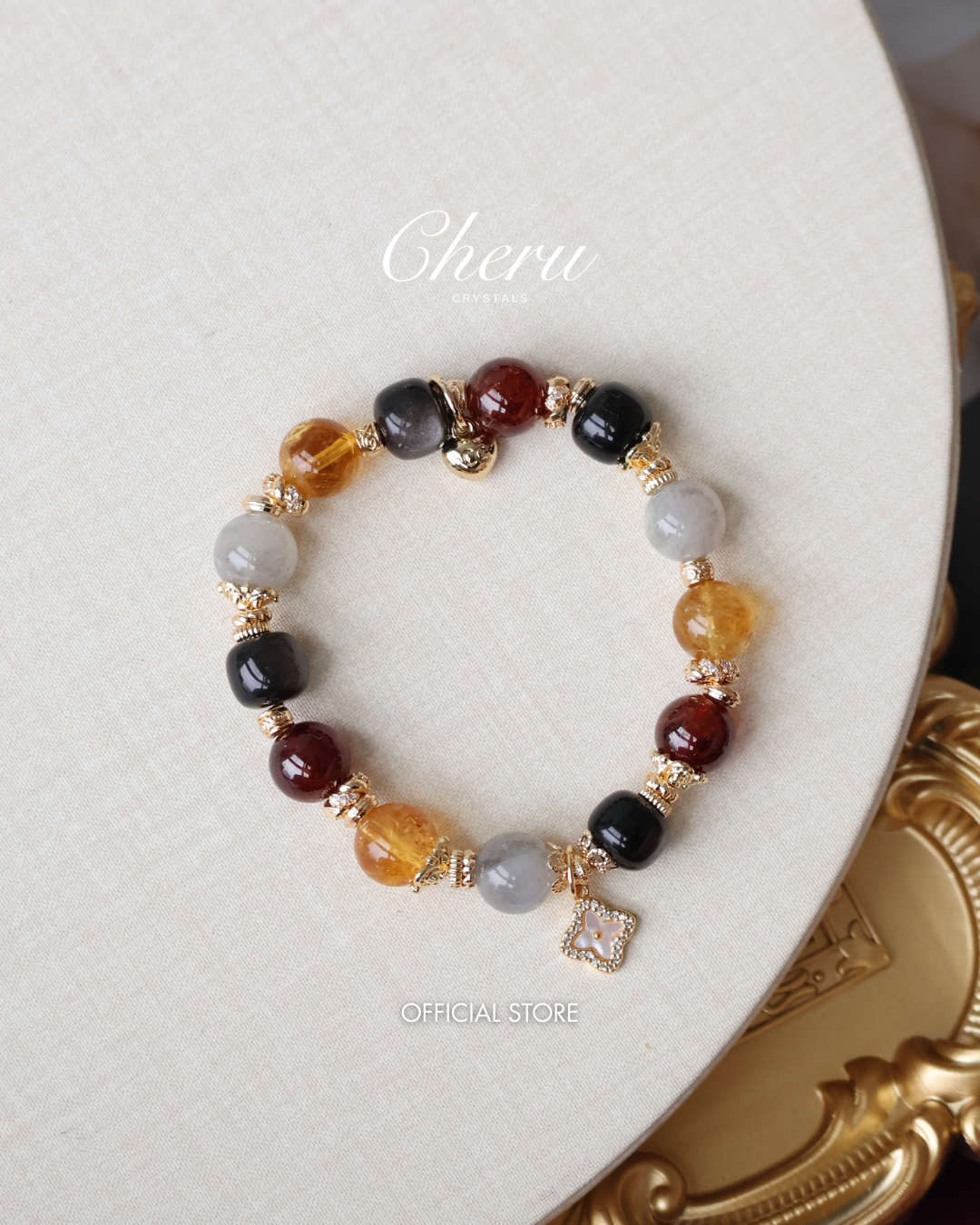 Citrine, Black Obsidian, Garnet & Labradorite Crystal Bracelet with Clover Charm โ The Luxe Edit | 10mm (Elastic)