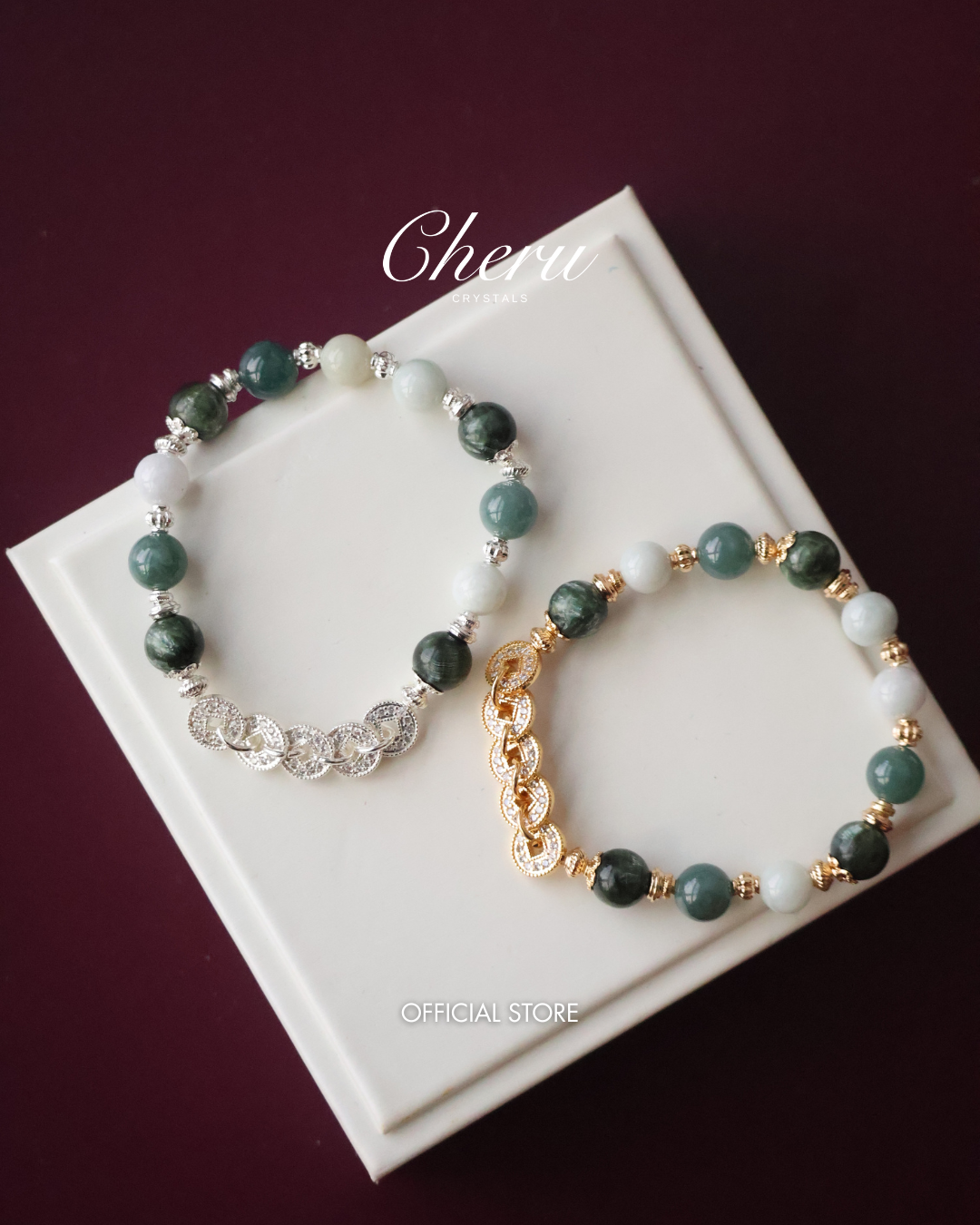 Seraphinite, Blue Water Jadeite & Green Jadeite Crystal Bracelet — Fengshui Coins Eirene | 8mm (Elastic)