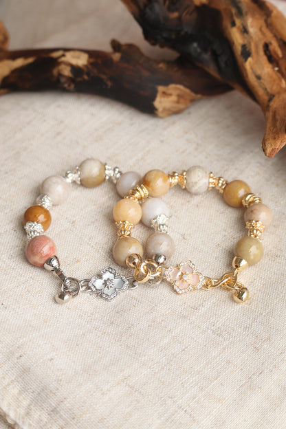 *Instocks* Fossilised Coral Jade with Clover Charm Natural Crystal Bracelet (Elastic)