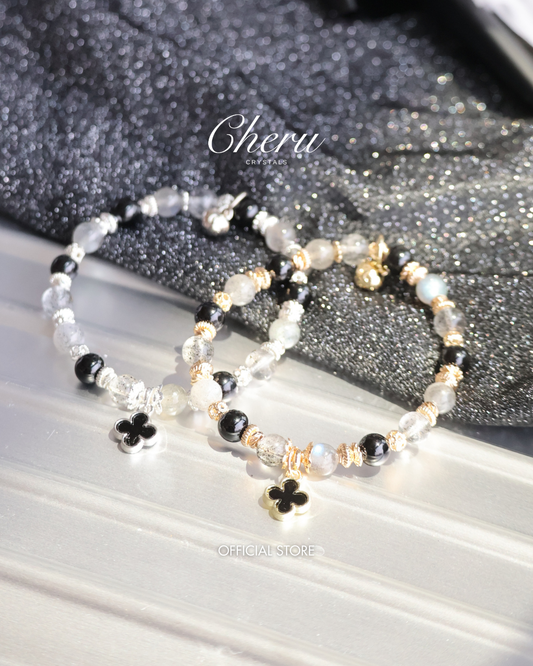 Black Strawberry Quartz, Labradorite & Black Tourmaline  Crystal Bracelet — Black Mini Clover Stacker | 8mm (Elastic)