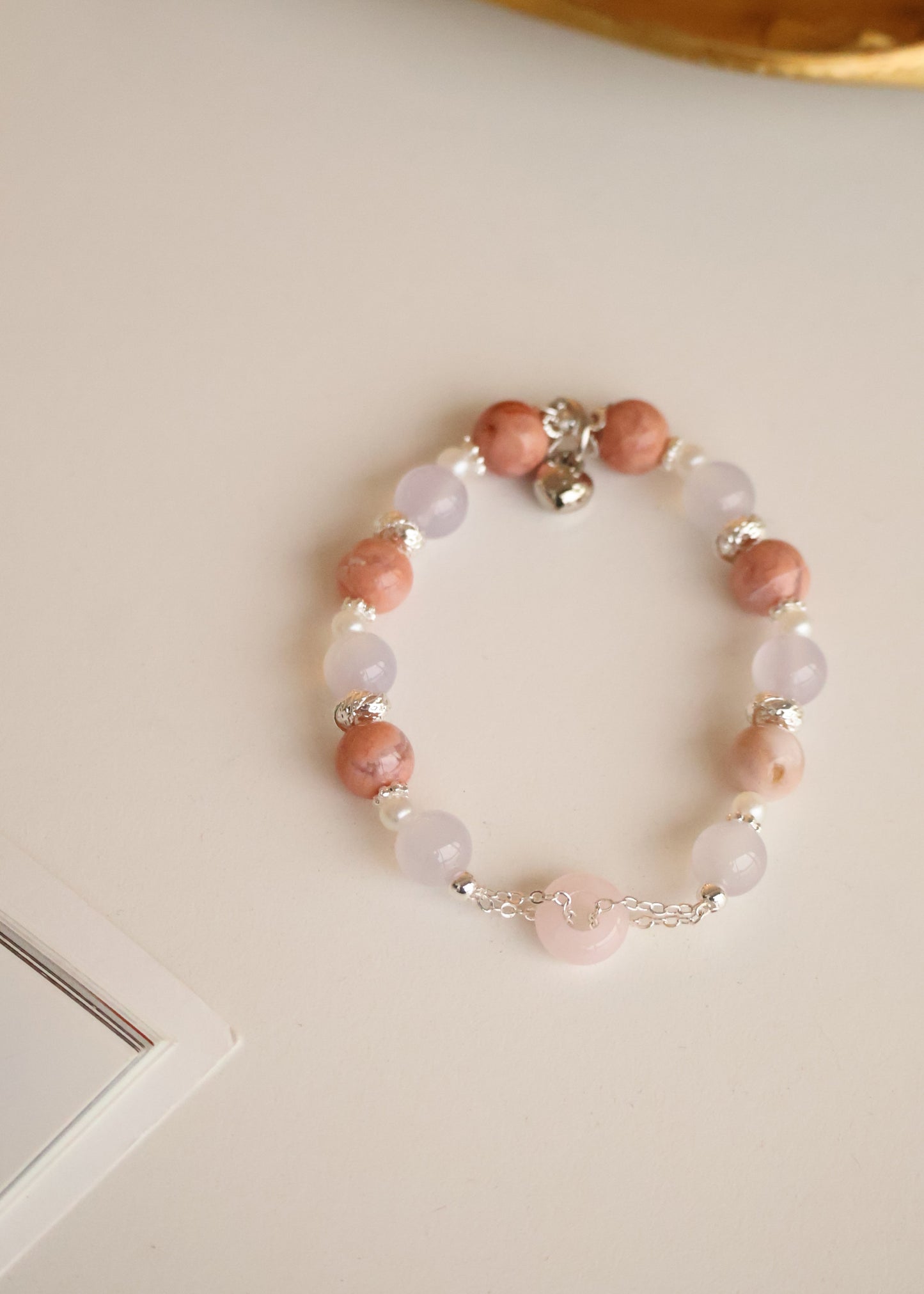 *Instocks* Flower Agate & Lilac Chalcedony with Rose Quartz Ping An Kou 平安扣 Natural Crystal Bracelet (Elastic)
