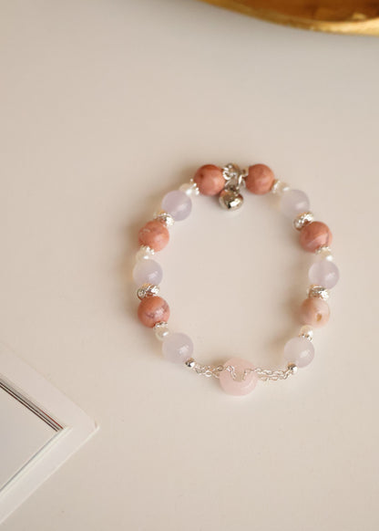 *Instocks* Flower Agate & Lilac Chalcedony with Rose Quartz Ping An Kou 平安扣 Natural Crystal Bracelet (Elastic)