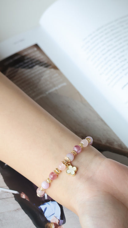 Pink Purple Emerald Mica, Kunzite & Rose Quartz — Mini Clover Stacker Natural Crystal Bracelet | (Elastic)