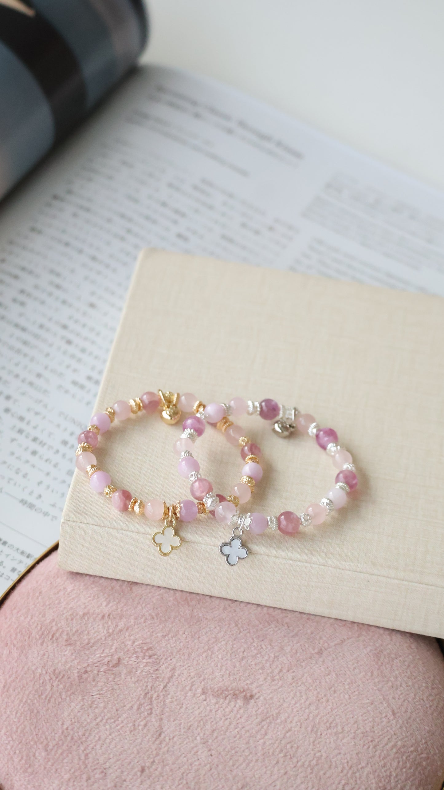 Pink Purple Emerald Mica, Kunzite & Rose Quartz — Mini Clover Stacker Natural Crystal Bracelet | (Elastic)