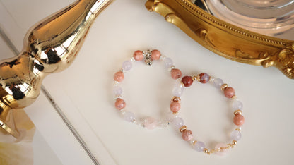 *Instocks* Flower Agate & Lilac Chalcedony with Rose Quartz Ping An Kou 平安扣 Natural Crystal Bracelet (Elastic)