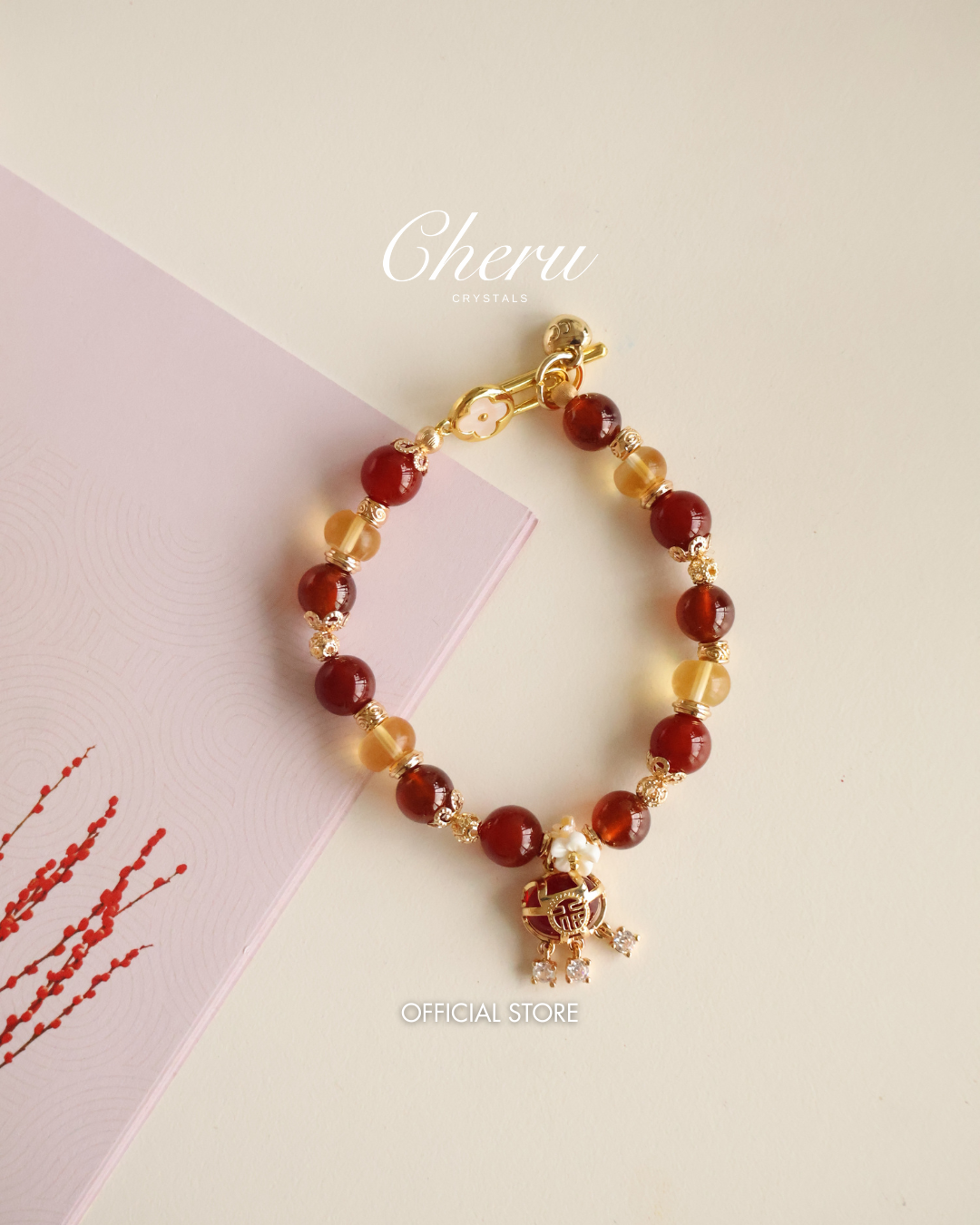 *Instocks* Moni Pouch - 8mm Carnelian, Garnet, Citirine with 聚宝盆 Dangly Charm (Elastic)