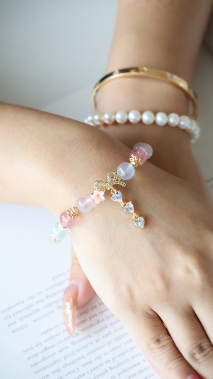 Rose Quartz, Strawberry Quartz, Cat’s Eye & Aquamarine with Ribbon & Triple Heart Charm — Rivyn | 8mm (Elastic)
