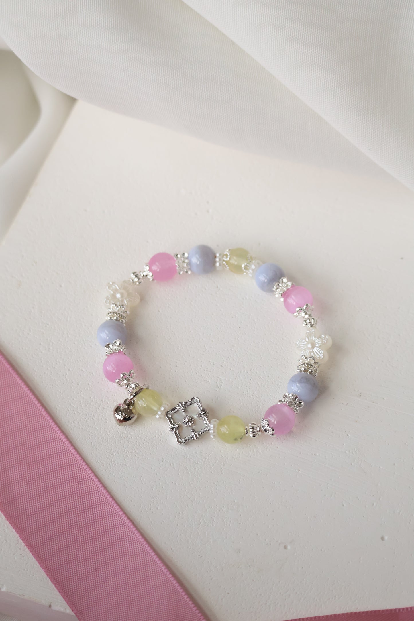 *Instocks* Prehnite, Pink Satin Spar & Blue Lace Agate with MOP Clover Natural Crystal Bracelet (Elastic)