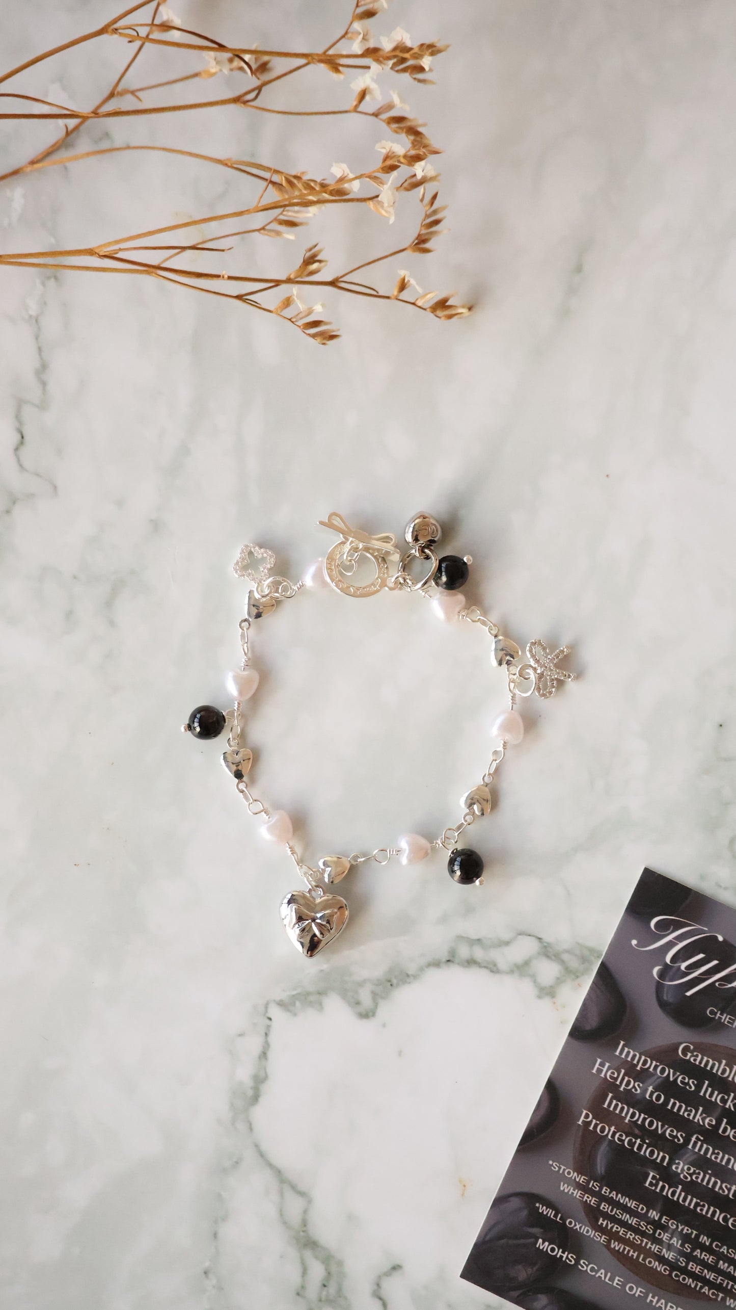 *Instocks* Dangly V2 with Ribbon, Heart Locket & Mini Clover Natural Crystal Bracelet (OT Clasp)