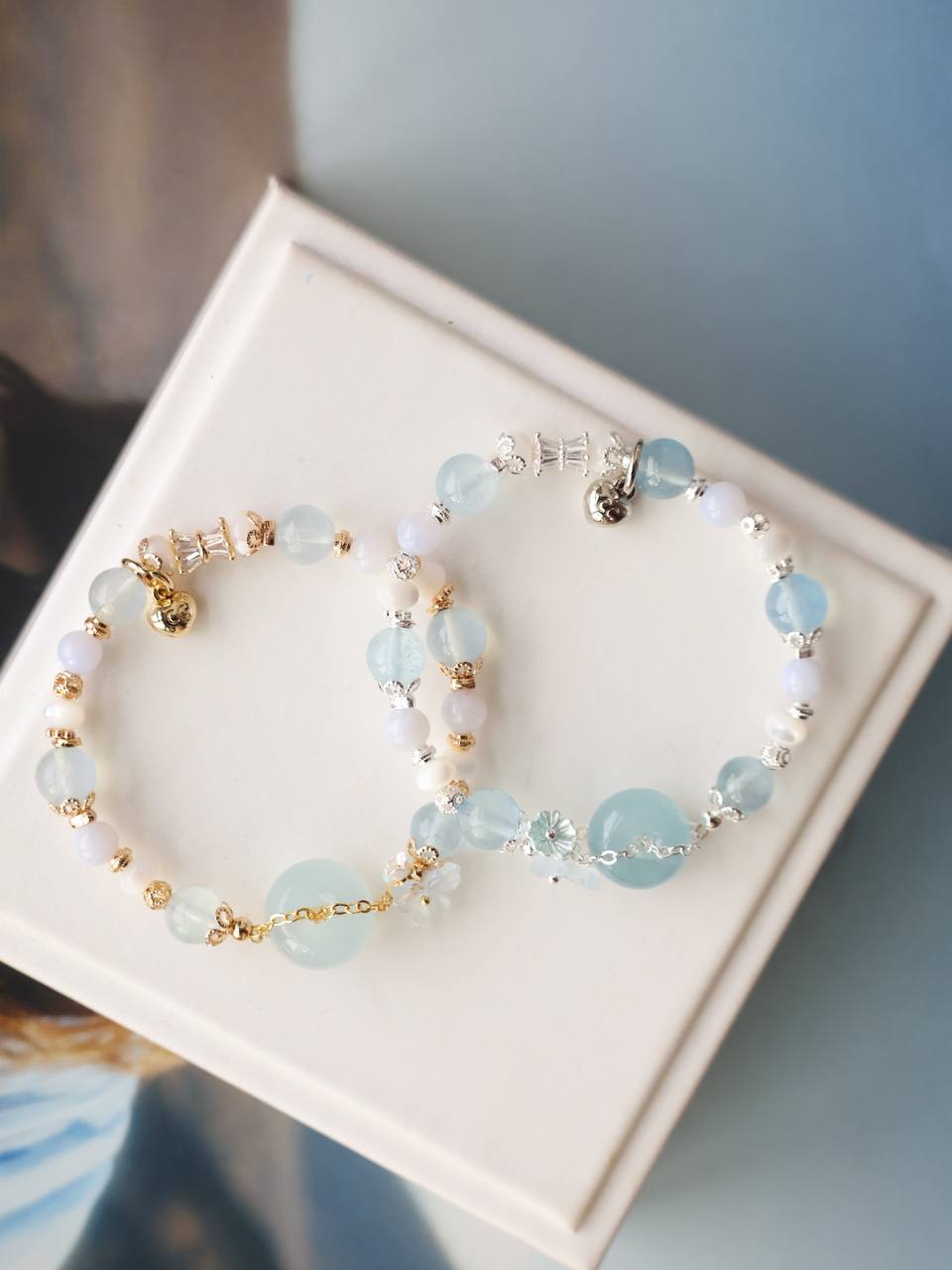 Aquamarine, White Conch & Blue Lace Agate — Everfae Ping An Kou Series | 8mm (Elastic)