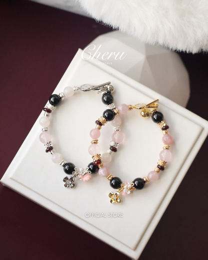 Hypersthene, Pink Purple Emerald Mica, Rose Quartz & Garnet — Noir Reverie | 8mm (OT Clasps, Elastic)