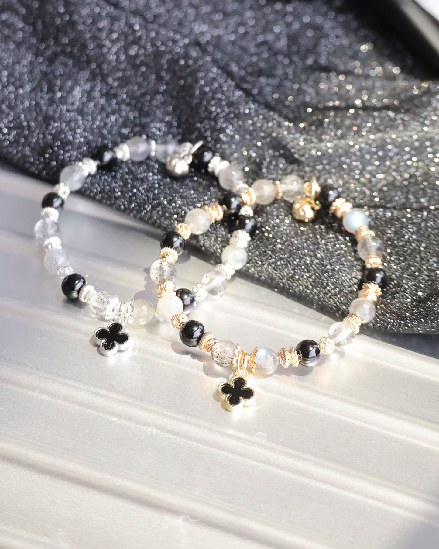 Black Strawberry Quartz, Labradorite & Black Tourmaline  Crystal Bracelet — Black Mini Clover Stacker | 8mm (Elastic)