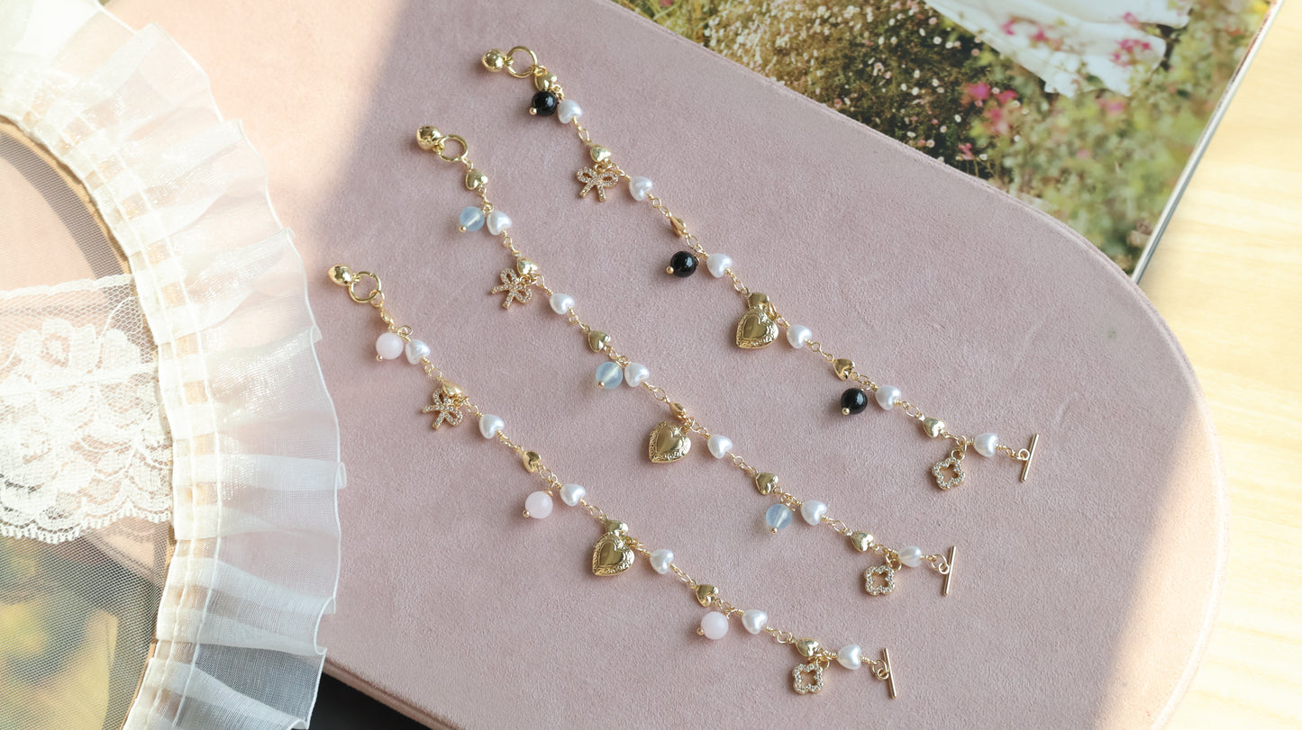 *Instocks* Dangly V2 with Ribbon, Heart Locket & Mini Clover Natural Crystal Bracelet (OT Clasp)