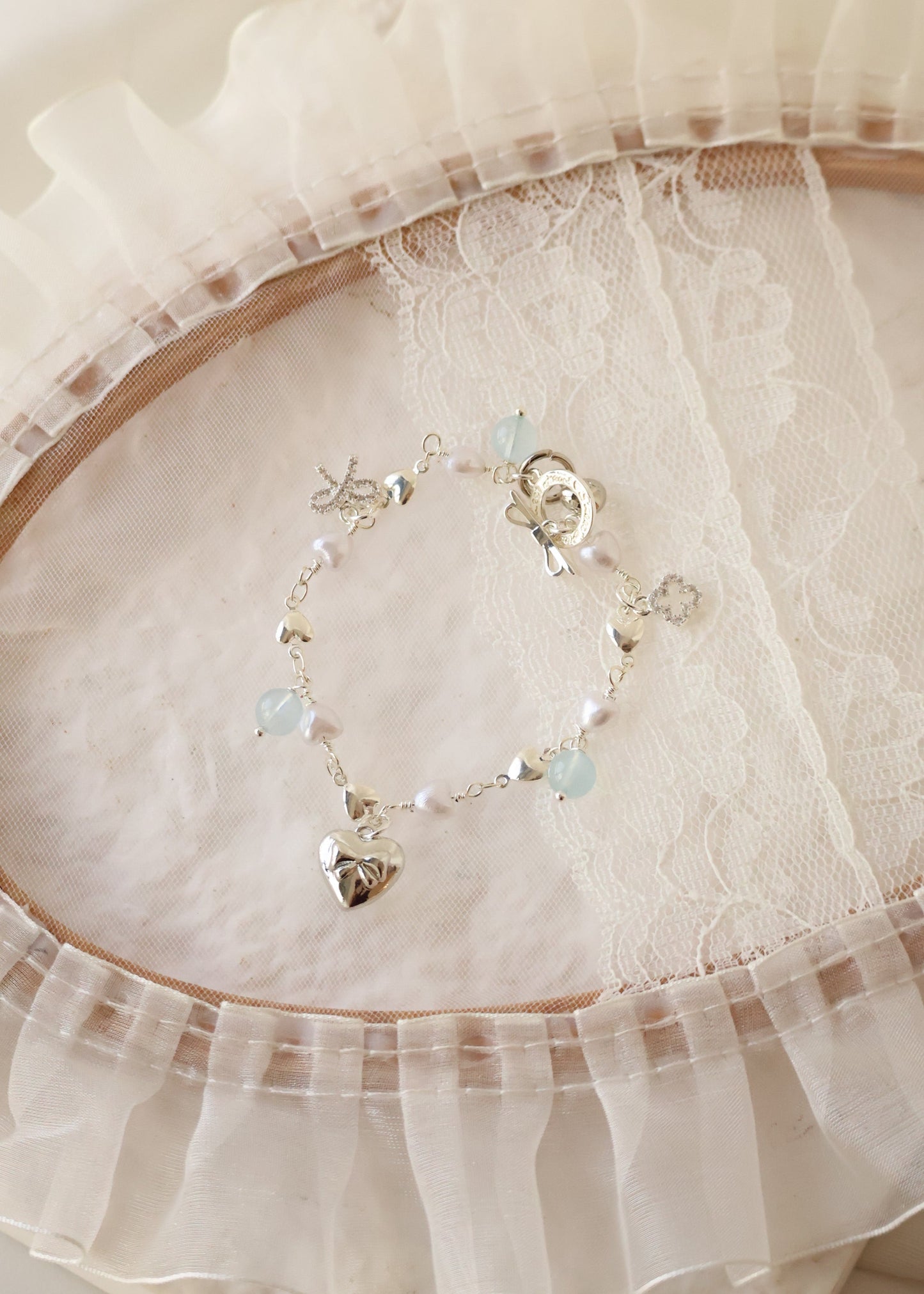 *Instocks* Dangly V2 with Ribbon, Heart Locket & Mini Clover Natural Crystal Bracelet (OT Clasp)