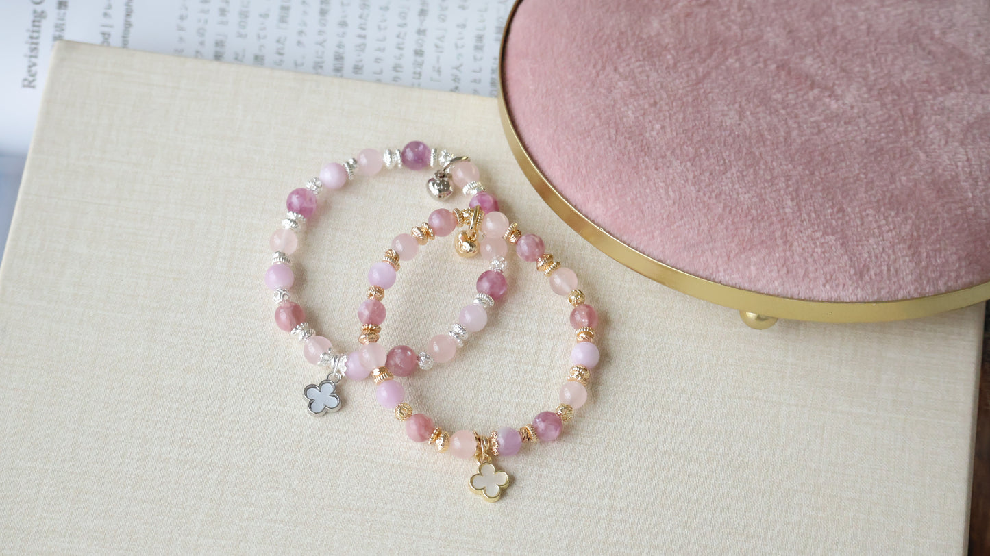 Pink Purple Emerald Mica, Kunzite & Rose Quartz — Mini Clover Stacker Natural Crystal Bracelet | (Elastic)