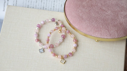 Pink Purple Emerald Mica, Kunzite & Rose Quartz — Mini Clover Stacker Natural Crystal Bracelet | (Elastic)