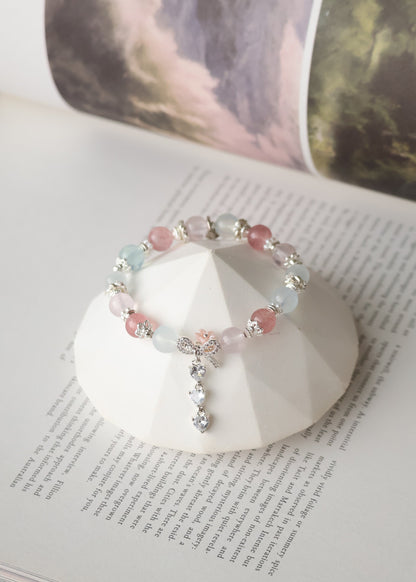Rose Quartz, Strawberry Quartz, Cat’s Eye & Aquamarine with Ribbon & Triple Heart Charm — Rivyn | 8mm (Elastic)