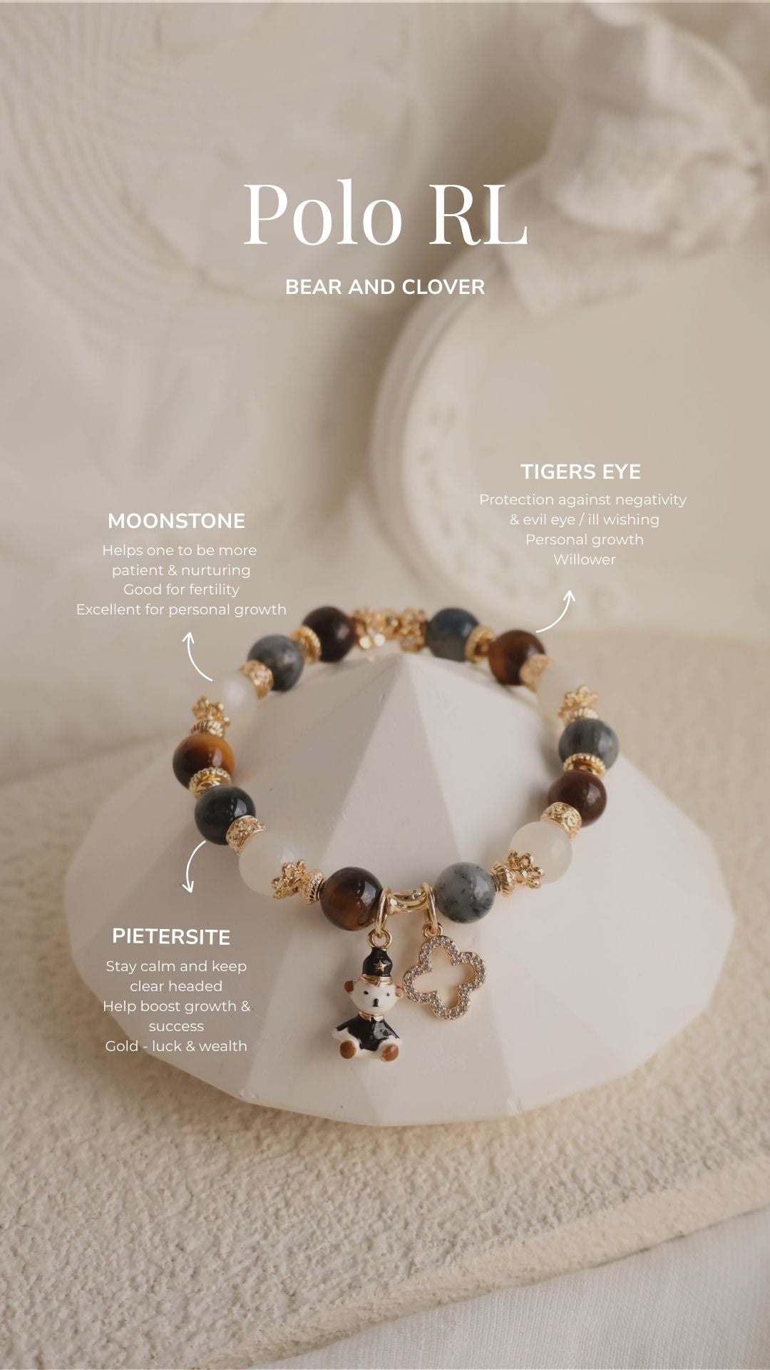 Pietersite, Silver Sheen Obsidian, Devil Blue Aquamarine, Moonstone & Tiger’s Eye Crystal Bracelet — Polo RL | 6mm / 8mm / 10mm (Elastic)