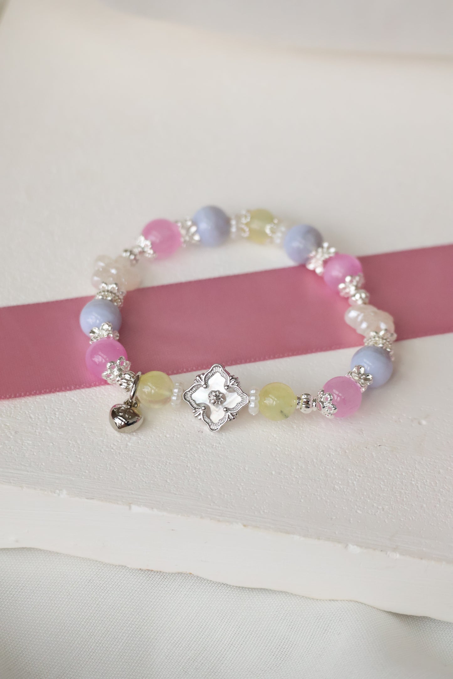 *Instocks* Prehnite, Pink Satin Spar & Blue Lace Agate with MOP Clover Natural Crystal Bracelet (Elastic)