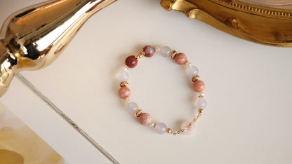 *Instocks* Flower Agate & Lilac Chalcedony with Rose Quartz Ping An Kou 平安扣 Natural Crystal Bracelet (Elastic)