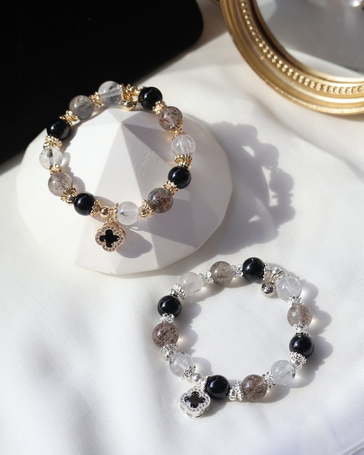 Black Strawberry Quartz, Black Tourmaline & Herkimer Diamond with Sparkly Black Clover — Cordelia Twin Crystal Bracelet | 8mm & 10mm (Elastic)