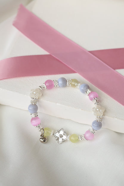 *Instocks* Prehnite, Pink Satin Spar & Blue Lace Agate with MOP Clover Natural Crystal Bracelet (Elastic)