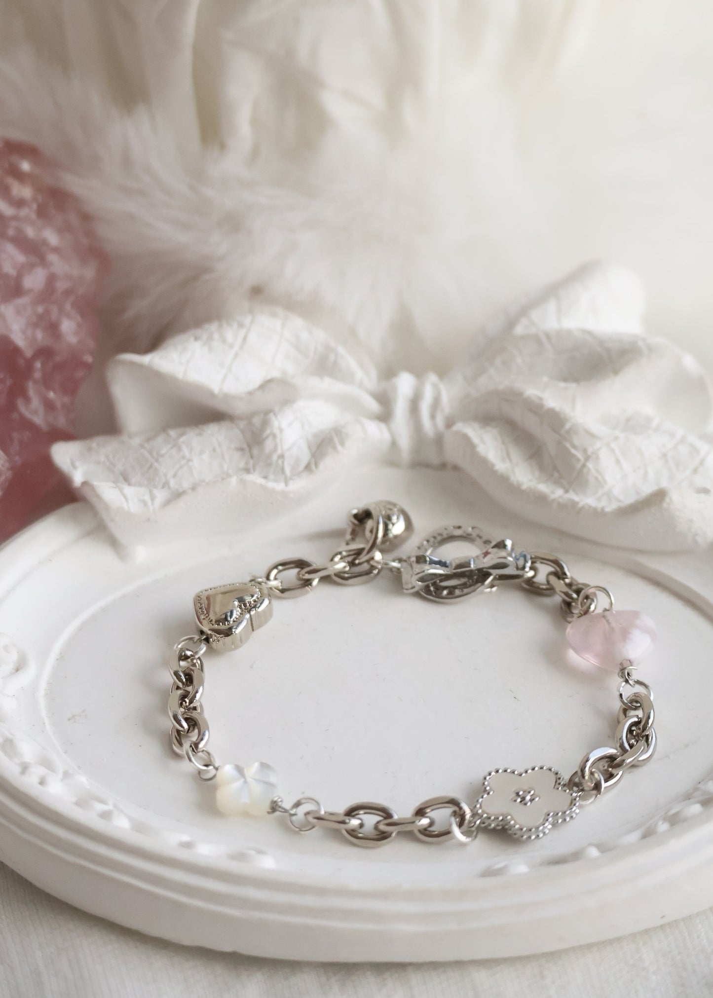 Snow Garden Rose Quartz Heart, MOP Clover & MOP Flower — Celine Chain Natural Crystal Bracelet | OT Clasp
