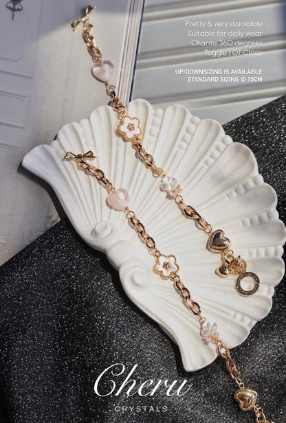 Snow Garden Rose Quartz Heart, MOP Clover & MOP Flower — Celine Chain Natural Crystal Bracelet | OT Clasp