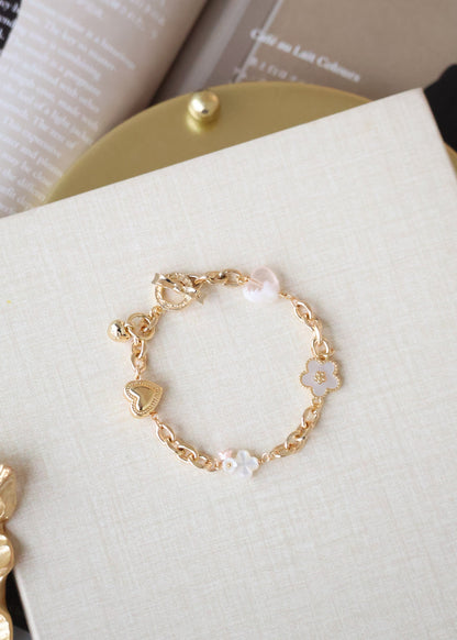 Snow Garden Rose Quartz Heart, MOP Clover & MOP Flower — Celine Chain Natural Crystal Bracelet | OT Clasp