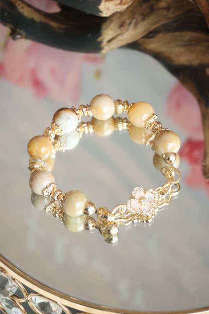 *Instocks* Fossilised Coral Jade with Clover Charm Natural Crystal Bracelet (Elastic)