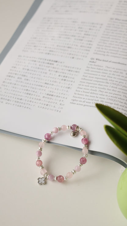 Pink Purple Emerald Mica, Kunzite & Rose Quartz — Mini Clover Stacker Natural Crystal Bracelet | (Elastic)