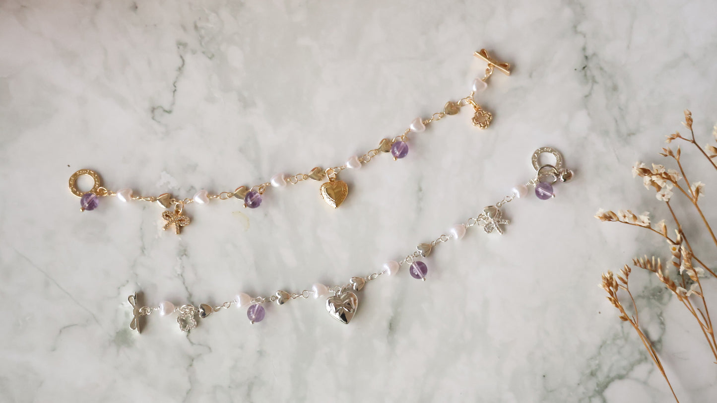 *Instocks* Dangly V2 with Ribbon, Heart Locket & Mini Clover Natural Crystal Bracelet (OT Clasp)