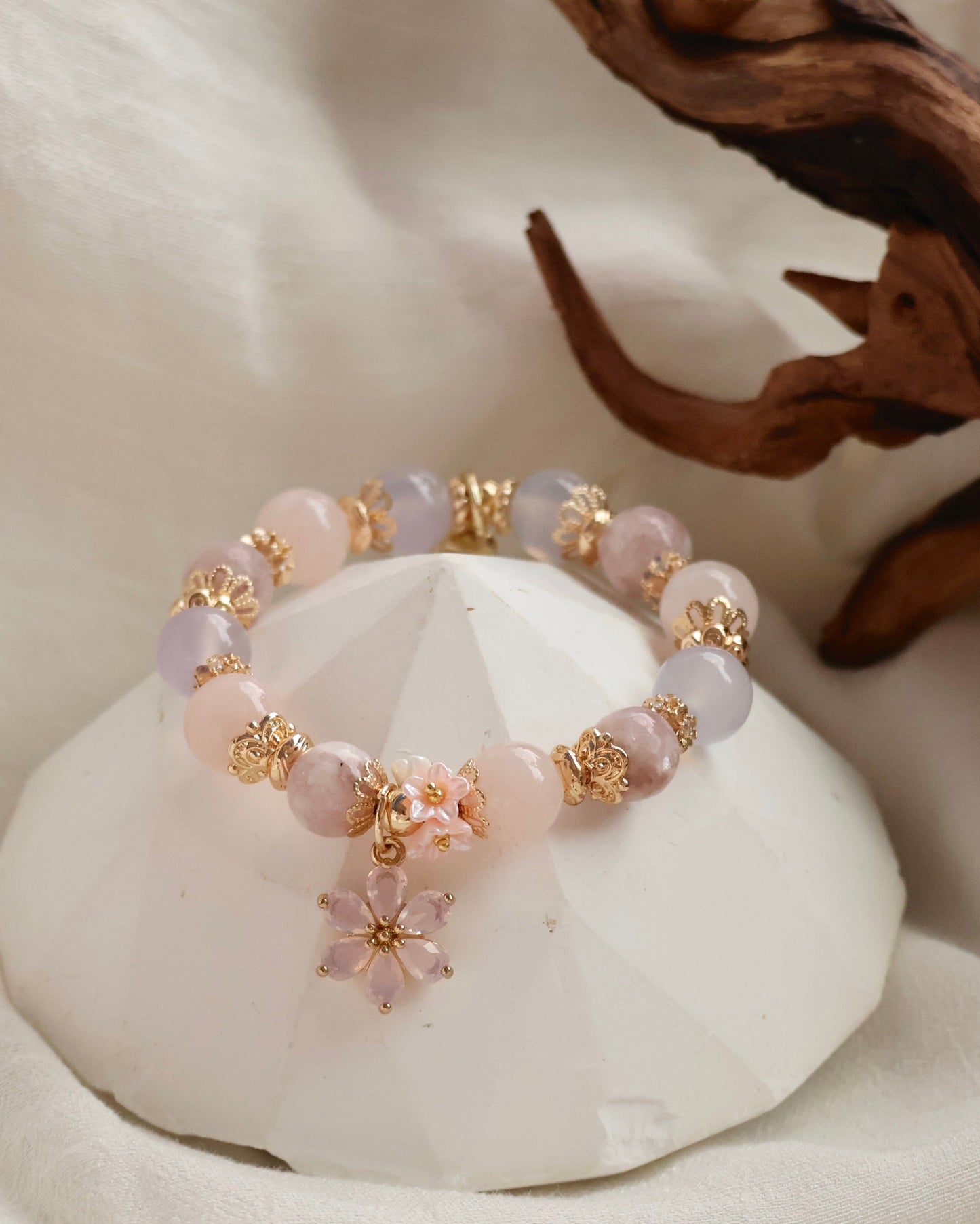 Pink Purple Emerald Mica, Lilac Chalcedony & Rose Quartz with Pink Flower & Mini Flower Bouquet — Blooming Bouquet | 8mm / 10mm (Elastic)