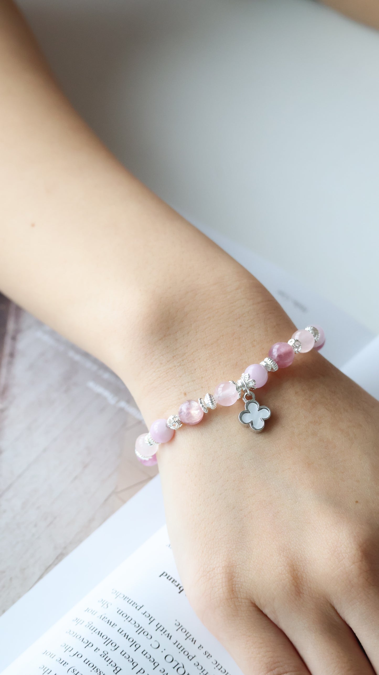 Pink Purple Emerald Mica, Kunzite & Rose Quartz — Mini Clover Stacker Natural Crystal Bracelet | (Elastic)