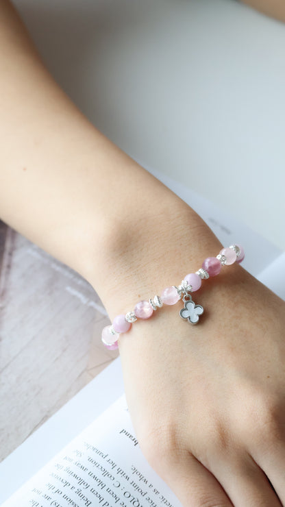 Pink Purple Emerald Mica, Kunzite & Rose Quartz — Mini Clover Stacker Natural Crystal Bracelet | (Elastic)