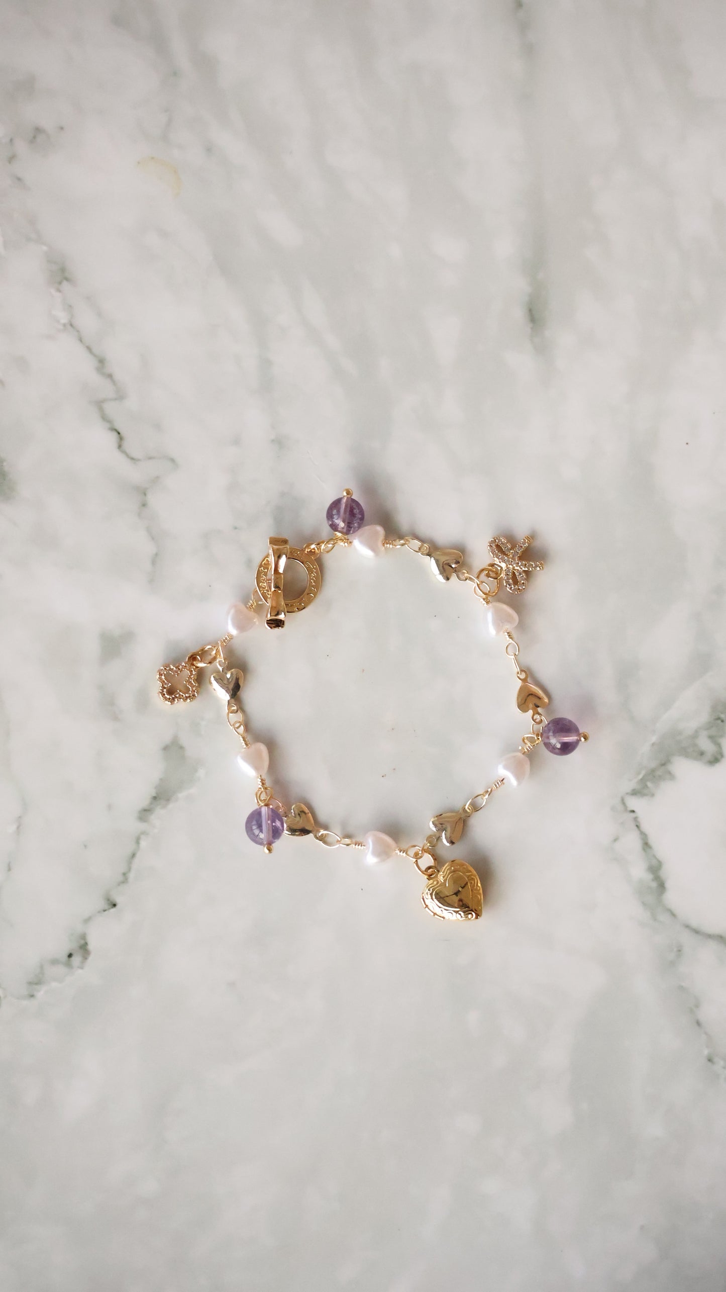 *Instocks* Dangly V2 with Ribbon, Heart Locket & Mini Clover Natural Crystal Bracelet (OT Clasp)