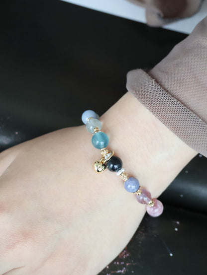 Angelite, Blue Fluorite, Aquamarine, Blue Topaz, Pietersite, Tanzanite, Amethyst, Pink Purple Emerald Mica, Kunzite & Lilac Chalcedony — Illia Ping An Kou Duobao | 8mm (Elastic)