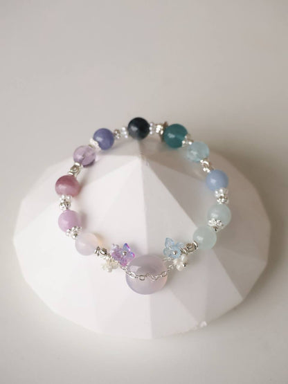 Angelite, Blue Fluorite, Aquamarine, Blue Topaz, Pietersite, Tanzanite, Amethyst, Pink Purple Emerald Mica, Kunzite & Lilac Chalcedony — Illia Ping An Kou Duobao | 8mm (Elastic)