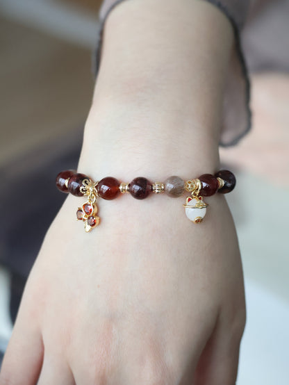 Fire Quartz, Garnet & Black Gold Skeletal Sunstone with Lucky Cat, Red Clover & Fu Charm — Crimson Blessing | 8mm (Elastic, OT Clasp)