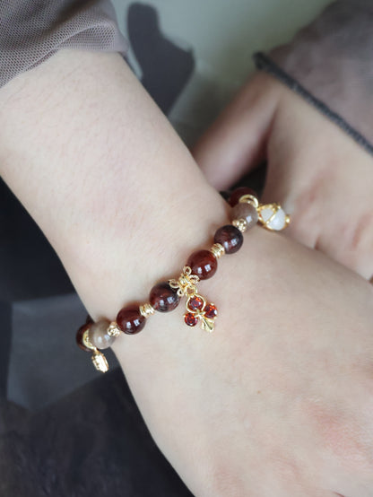 Fire Quartz, Garnet & Black Gold Skeletal Sunstone with Lucky Cat, Red Clover & Fu Charm — Crimson Blessing | 8mm (Elastic, OT Clasp)
