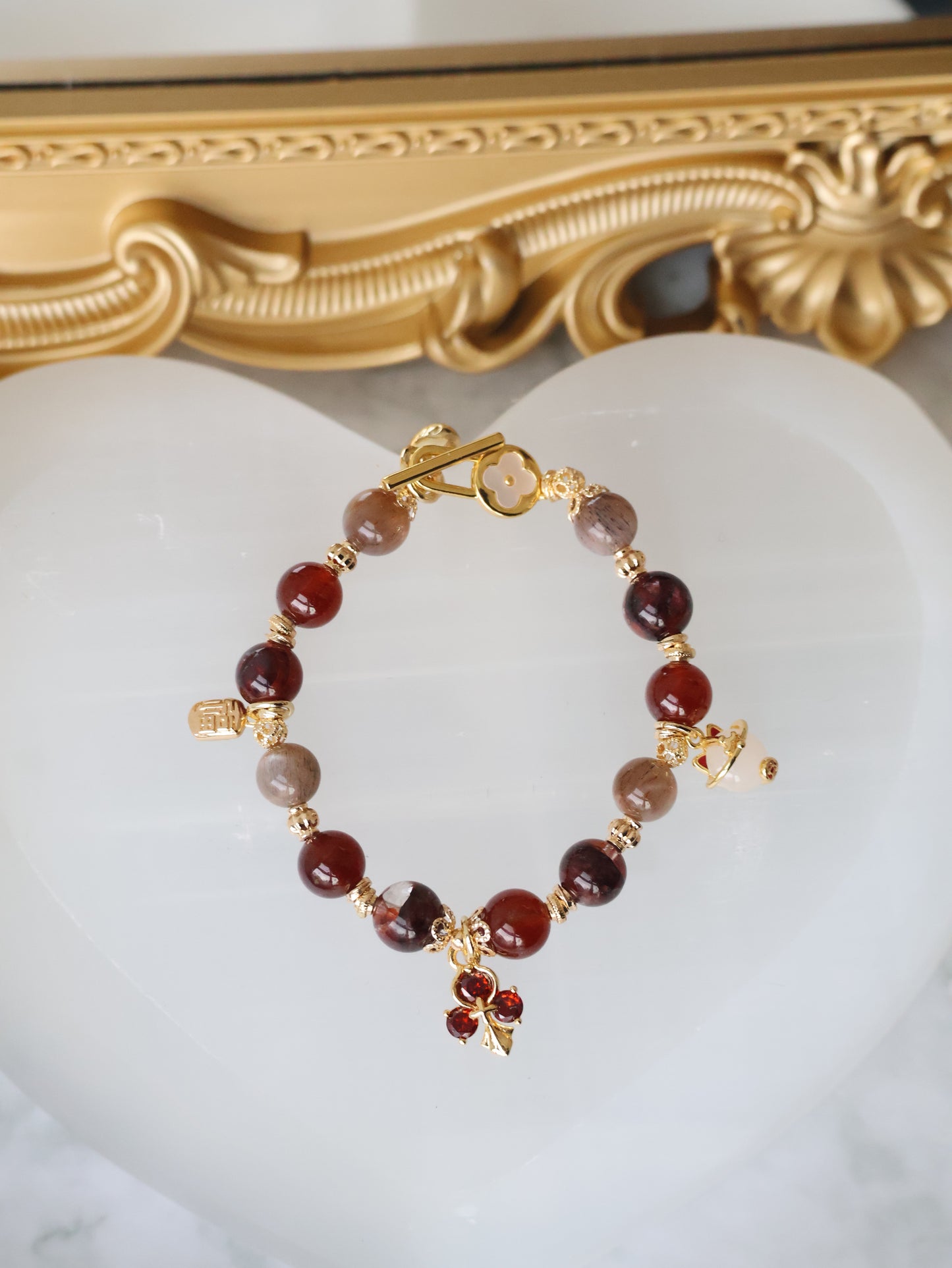 Fire Quartz, Garnet & Black Gold Skeletal Sunstone with Lucky Cat, Red Clover & Fu Charm — Crimson Blessing | 8mm (Elastic, OT Clasp)