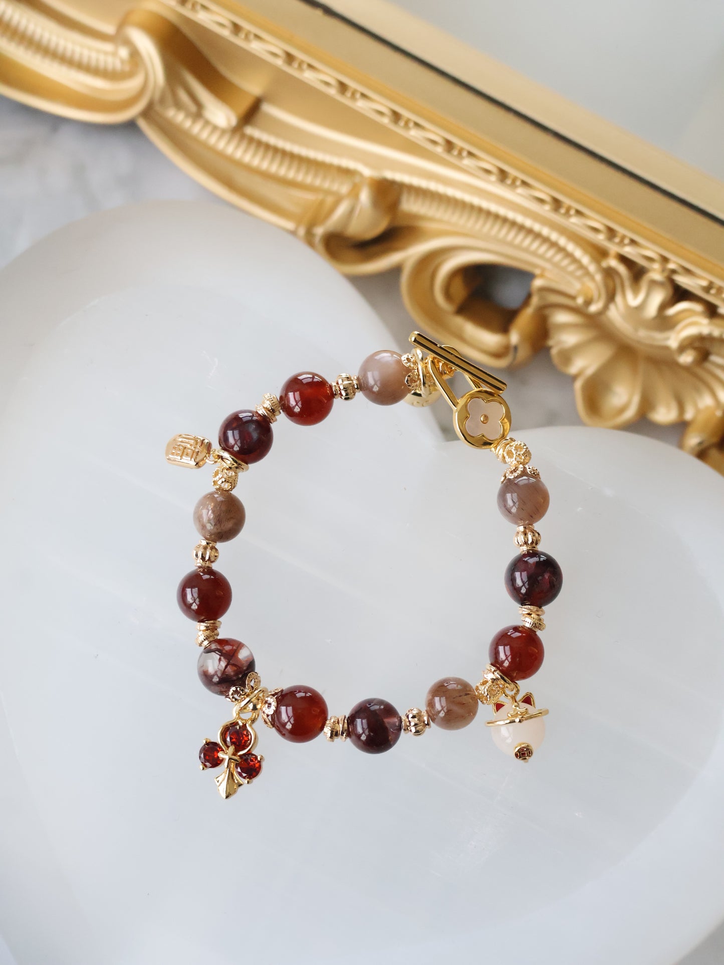 Fire Quartz, Garnet & Black Gold Skeletal Sunstone with Lucky Cat, Red Clover & Fu Charm — Crimson Blessing | 8mm (Elastic, OT Clasp)