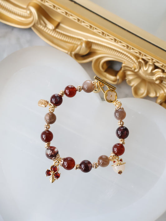 Fire Quartz, Garnet & Black Gold Skeletal Sunstone with Lucky Cat, Red Clover & Fu Charm — Crimson Blessing | 8mm (Elastic, OT Clasp)